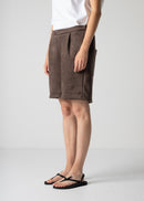 above-the-knee shorts, dk brown, cogthebigsmoke, one size fits all, sustainable fashion, less is more, made in Japan, quiet luxury, minimalist