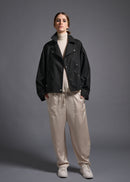 oversized biker jacket, charcoal, cogthebigsmoke, one size fits all, sustainable fashion, less is more, made in Japan, quiet luxury, minimalist