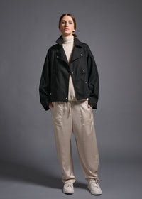 oversized biker jacket, charcoal, cogthebigsmoke, one size fits all, sustainable fashion, less is more, made in Japan, quiet luxury, minimalist