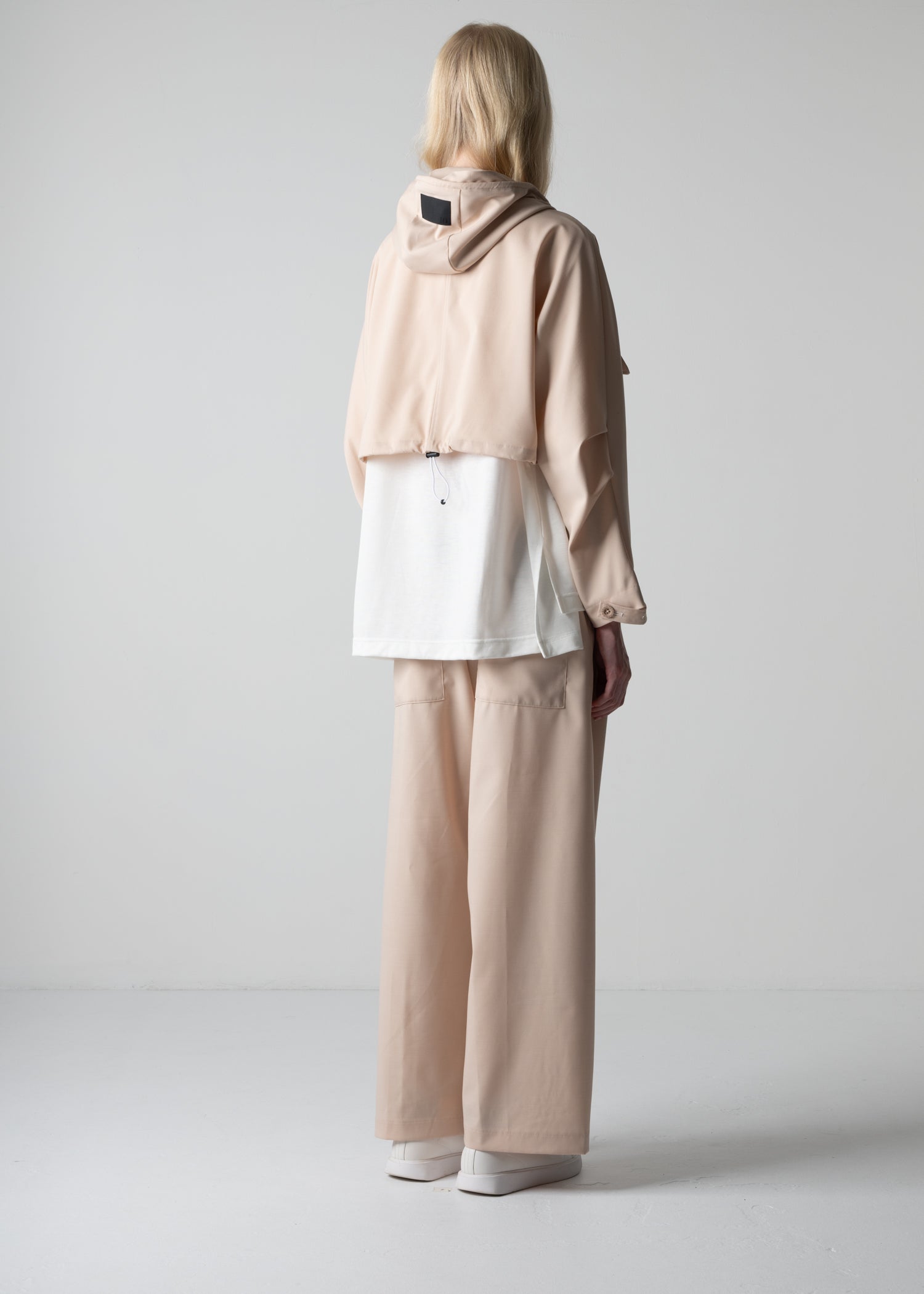 over sized, hooded parka, peach colour, one size , cogthebigsmoke , minimalist,  made in Japan, sustainable fashion, modern basics, quiet luxury
