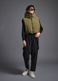 hoody cropped vest, matcha, cogthebigsmoke, one size fits all, sustainable fashion, less is more, made in Japan, quiet luxury, minimalist