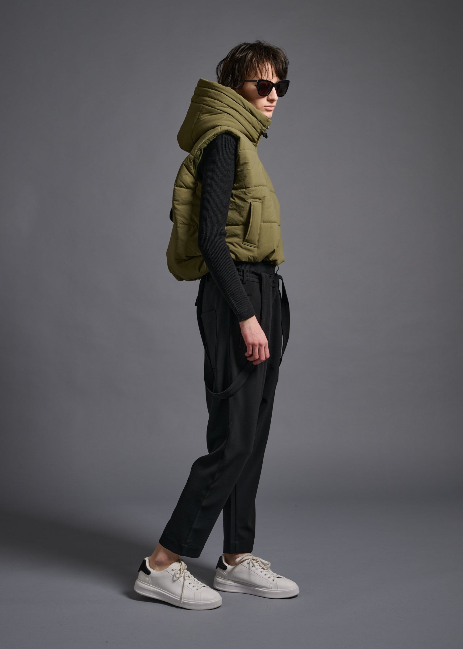 hoody cropped vest, matcha, cogthebigsmoke, one size fits all, sustainable fashion, less is more, made in Japan, quiet luxury, minimalist