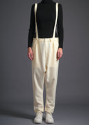 Tapered trousers with detachable shoulder straps, srouel silhouette, milk, cogthebigsmoke, one size fits all, sustainable fashion, less is more, made in Japan, quiet luxury, minimalist