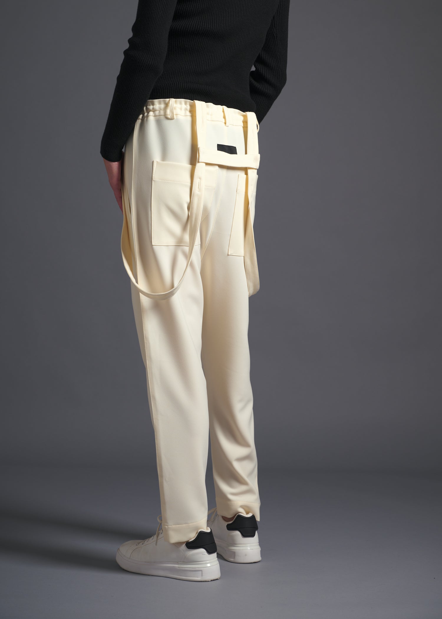 Tapered trousers with detachable shoulder straps, srouel silhouette, milk, cogthebigsmoke, one size fits all, sustainable fashion, less is more, made in Japan, quiet luxury, minimalist