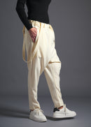 Tapered trousers with detachable shoulder straps, srouel silhouette, milk, cogthebigsmoke, one size fits all, sustainable fashion, less is more, made in Japan, quiet luxury, minimalist