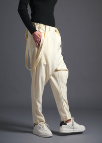 Tapered trousers with detachable shoulder straps, srouel silhouette, milk, cogthebigsmoke, one size fits all, sustainable fashion, less is more, made in Japan, quiet luxury, minimalist
