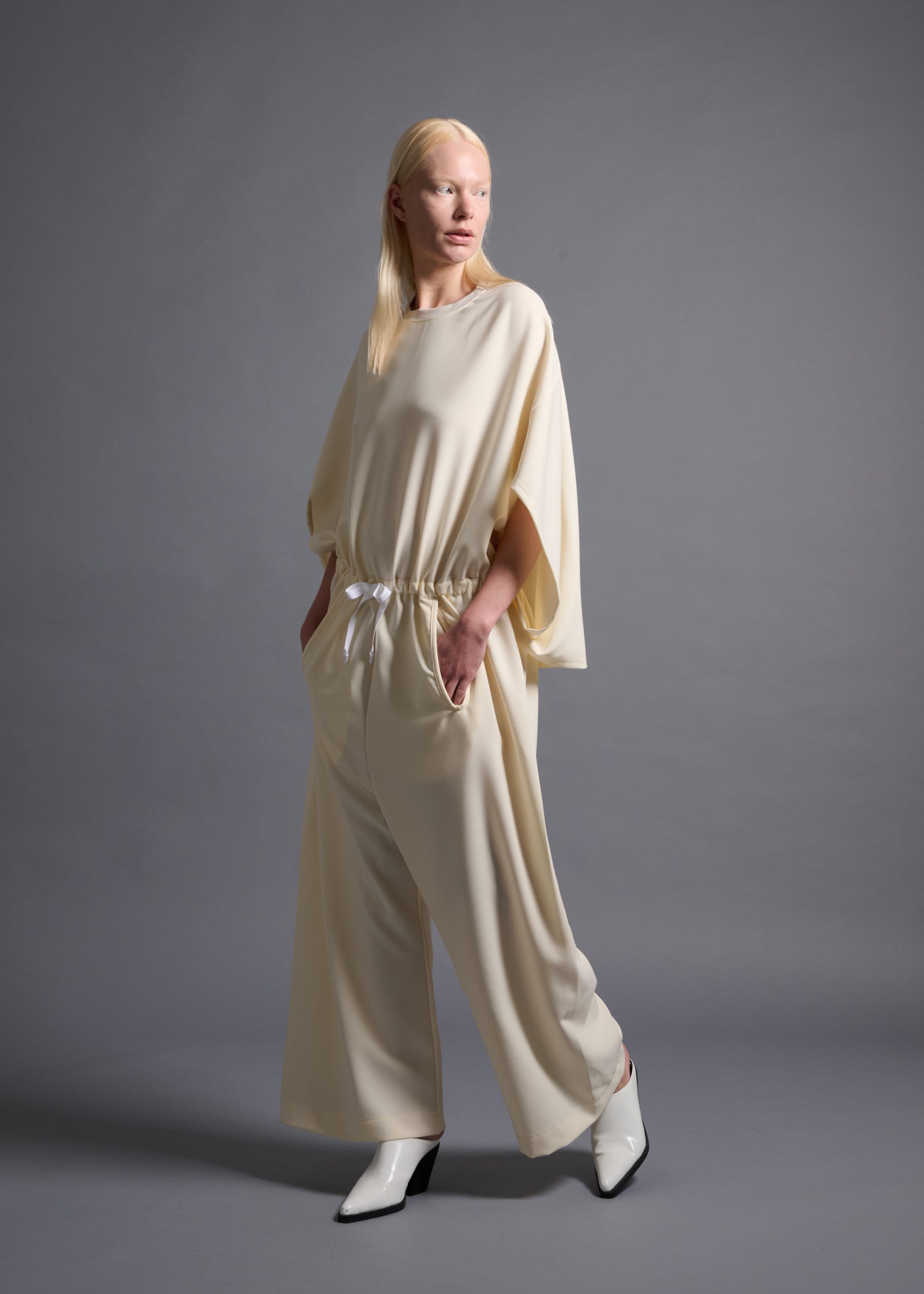 Wide leg jumpsuit, milk, cogthebigsmoke, one size fits all, sustainable fashion, less is more, made in Japan, quiet luxury, minimalist