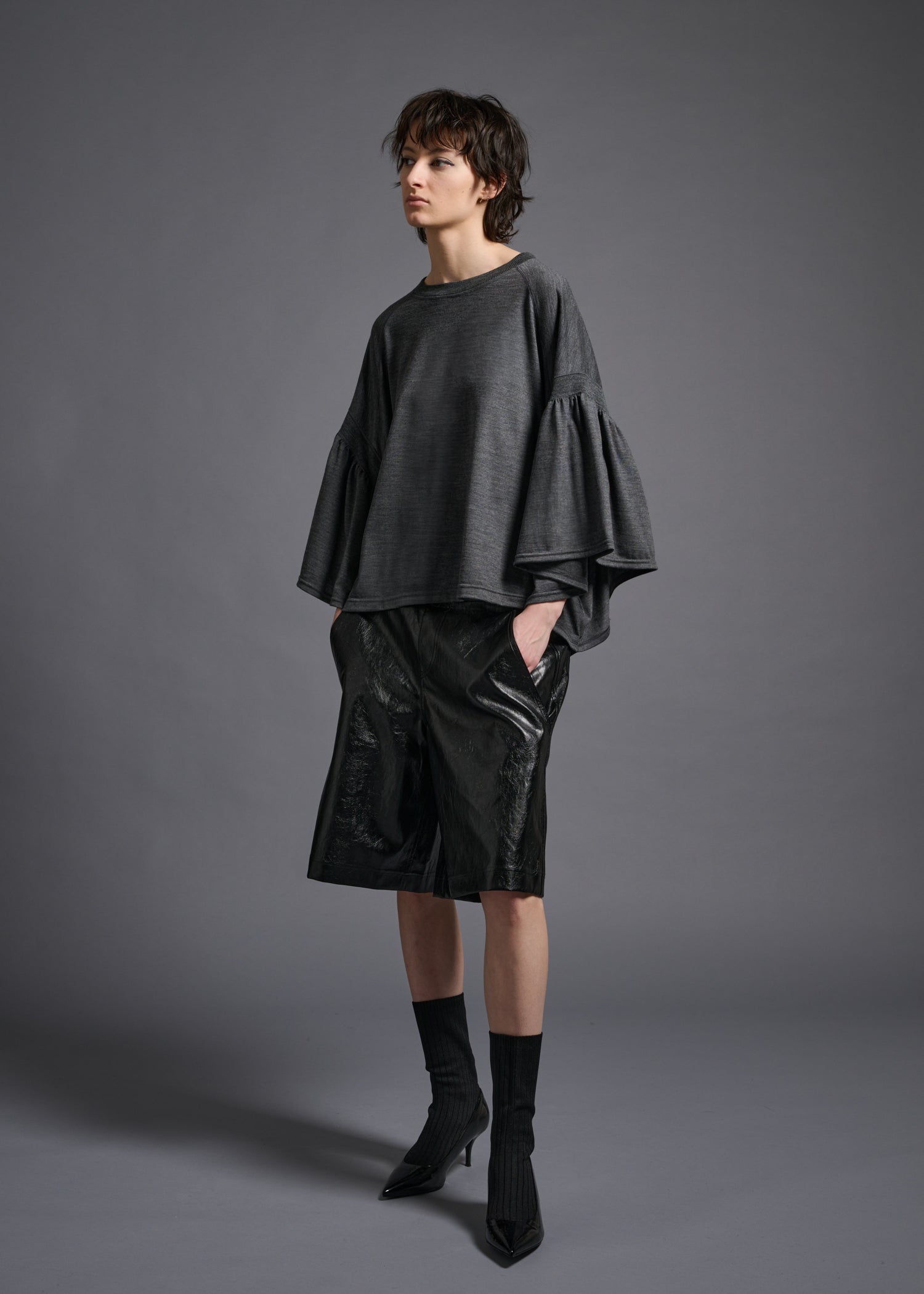 39 LAURA GATHERED SLV TOP / HIGH GAUGE PURE WOOL JERSEY - C13