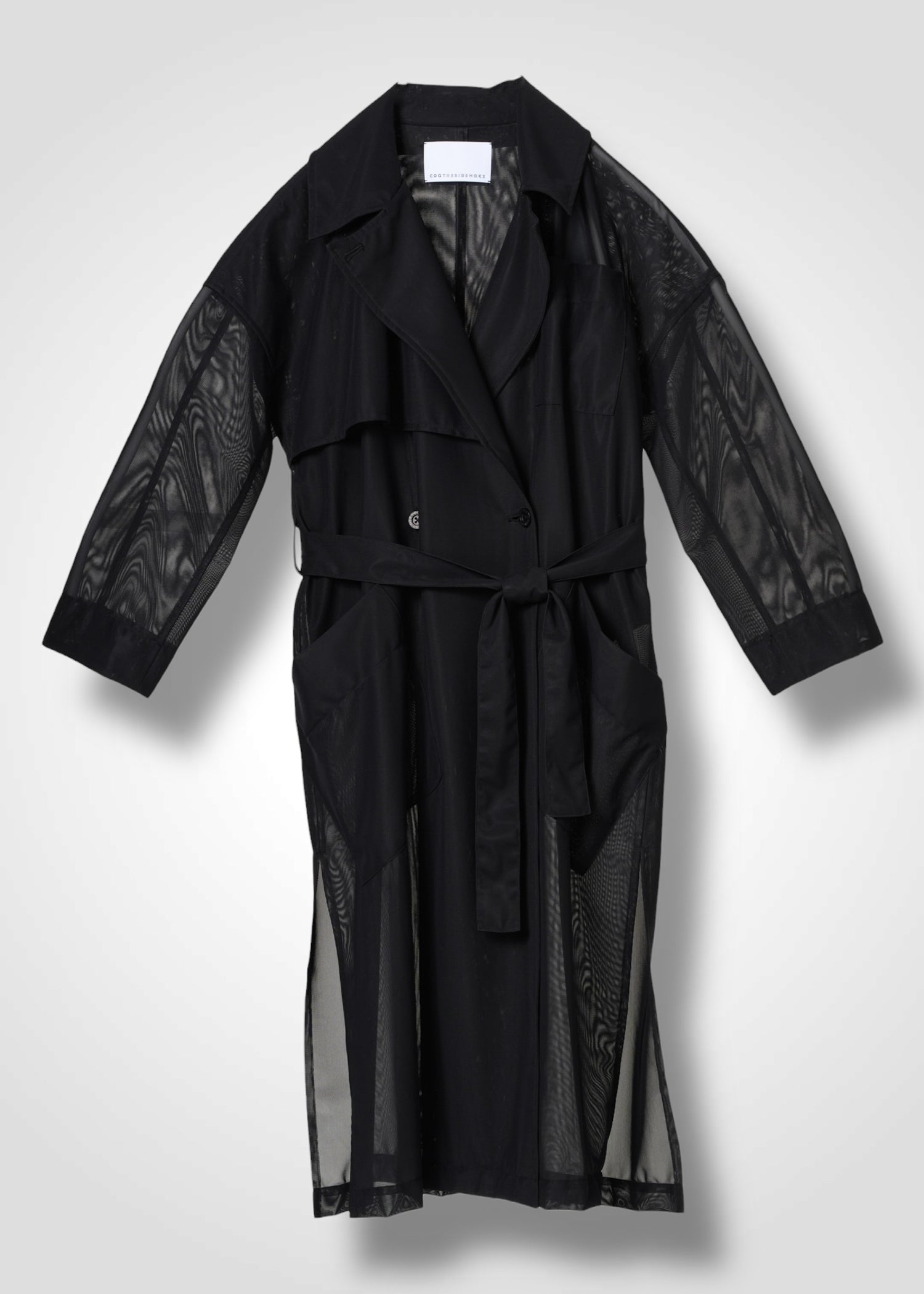 Double-breasted trench coat, black, cogthebigsmoke, made in Japan, one size fits all, sustainable fashion, capsule wardrobe essentials, quiet luxury, minimalist outfi