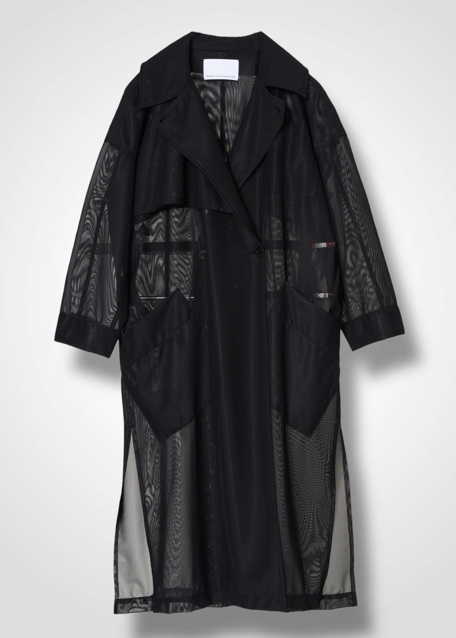 Double-breasted trench coat, black, cogthebigsmoke, made in Japan, one size fits all, sustainable fashion, capsule wardrobe essentials, quiet luxury, minimalist outfi
