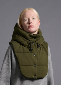 Hooded neck and shoulder warmer, olive, cogthebigsmoke, one size fits all, sustainable fashion, less is more, made in Japan, quiet luxury, minimalist