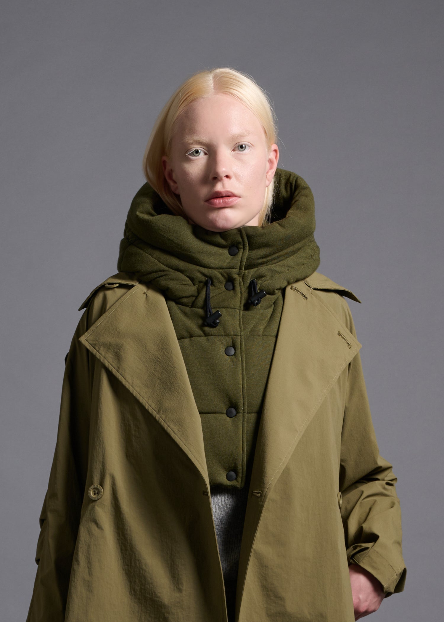 Hooded neck and shoulder warmer, olive, cogthebigsmoke, one size fits all, sustainable fashion, less is more, made in Japan, quiet luxury, minimalist