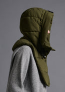 Hooded neck and shoulder warmer, olive, cogthebigsmoke, one size fits all, sustainable fashion, less is more, made in Japan, quiet luxury, minimalist