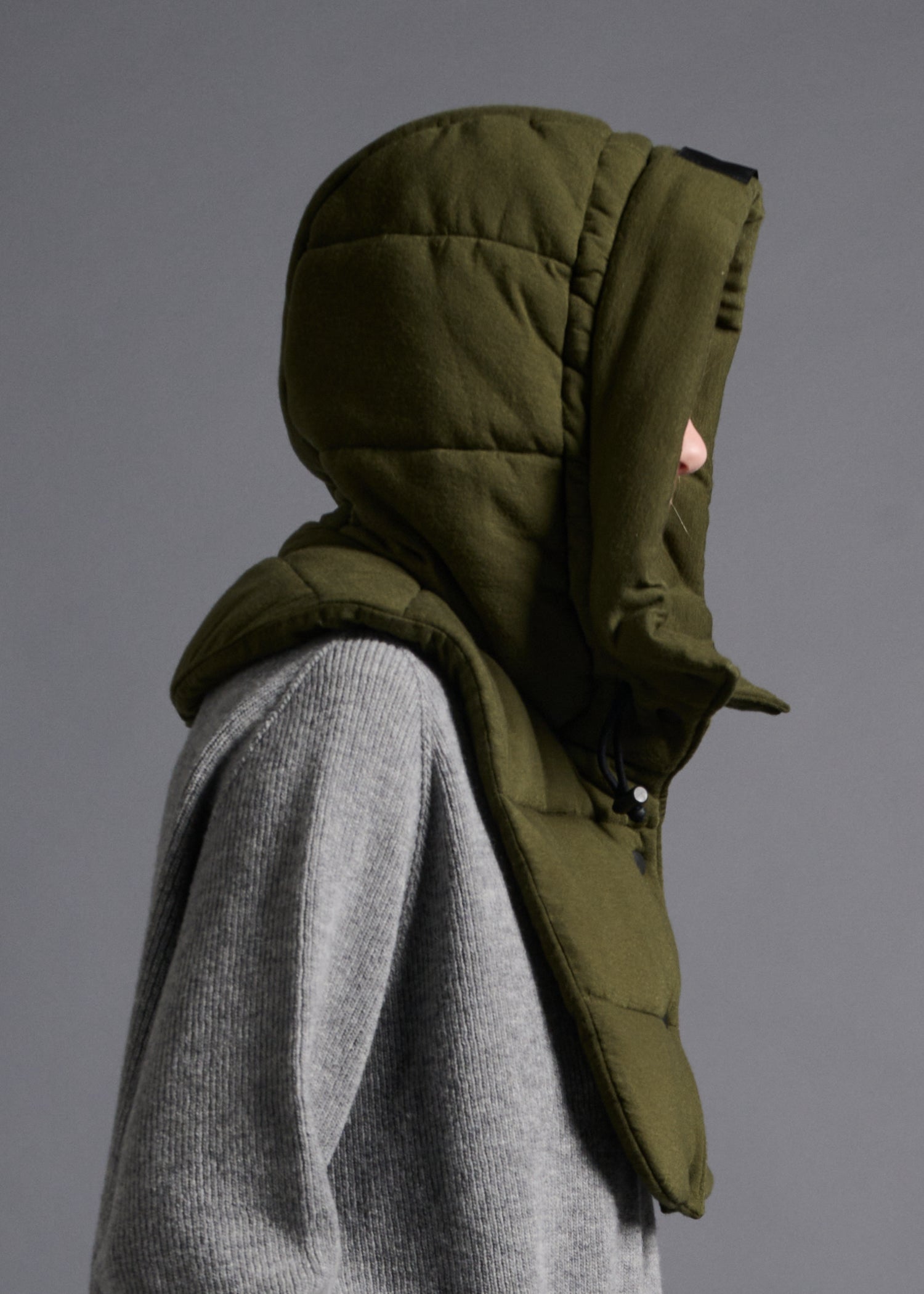 Hooded neck and shoulder warmer, olive, cogthebigsmoke, one size fits all, sustainable fashion, less is more, made in Japan, quiet luxury, minimalist