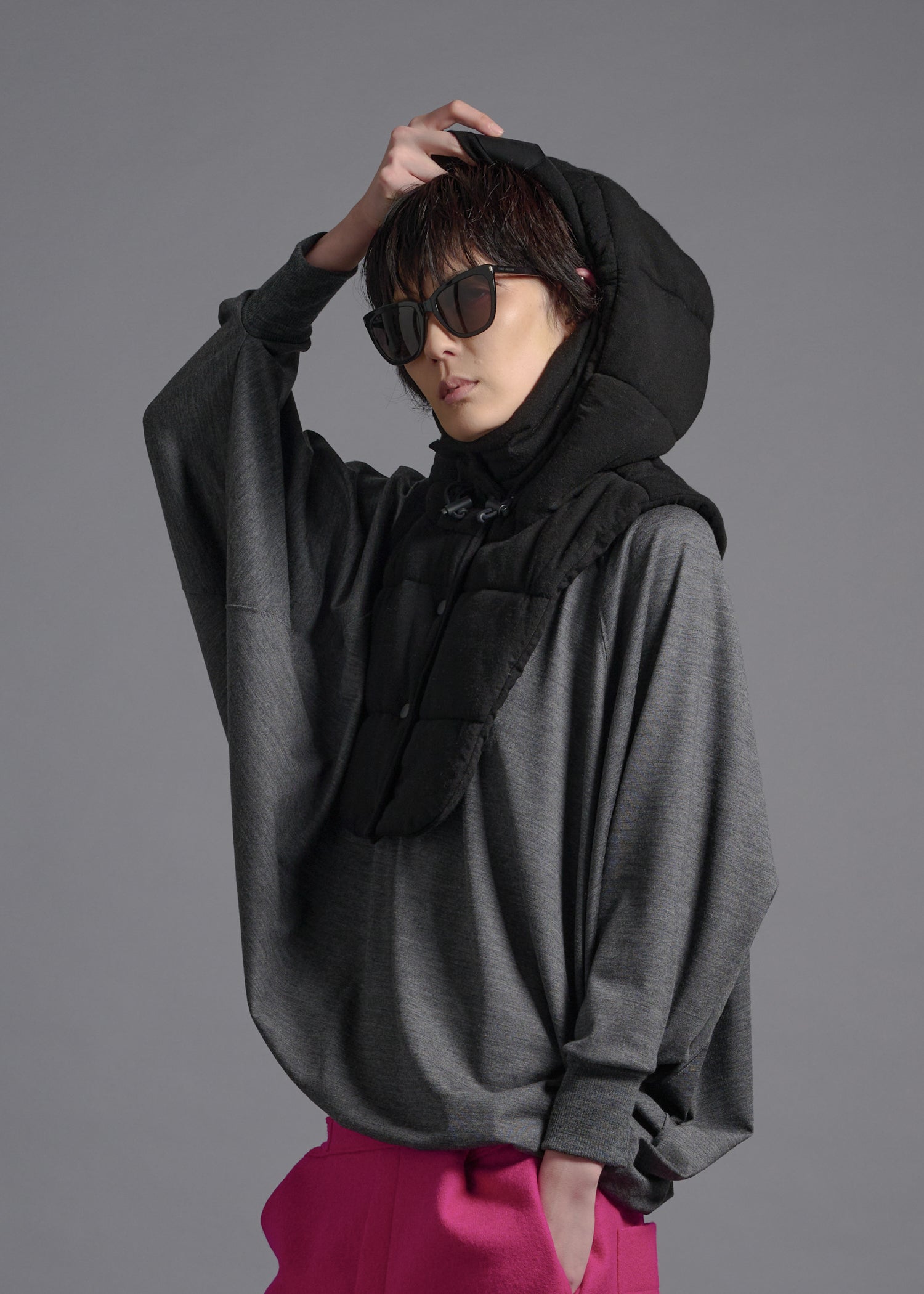 Hooded neck and shoulder warmer, black, cogthebigsmoke, one size fits all, sustainable fashion, less is more, made in Japan, quiet luxury, minimalist